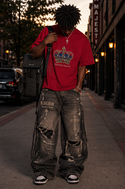 Heavens Trend Crown Red Tee — oversized red tee with jeweled crown graphic
