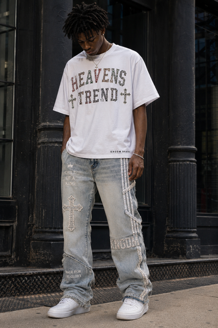 Heavens Trend White Graphic Tee — rhinestone studded lettering oversized white tee